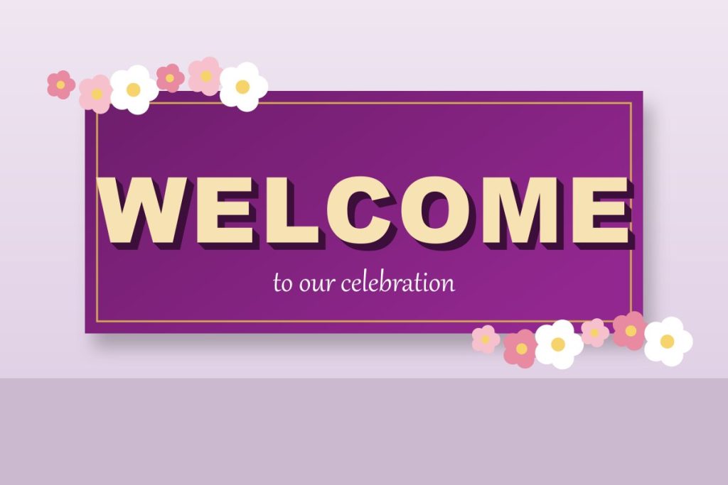 3D welcome banner design with raised letters and pop-out flowers