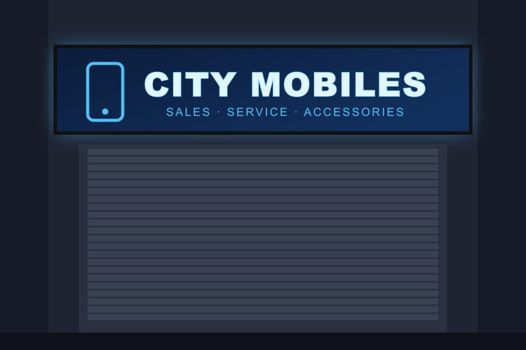 Backlit LED sign board design for a mobile shop at night