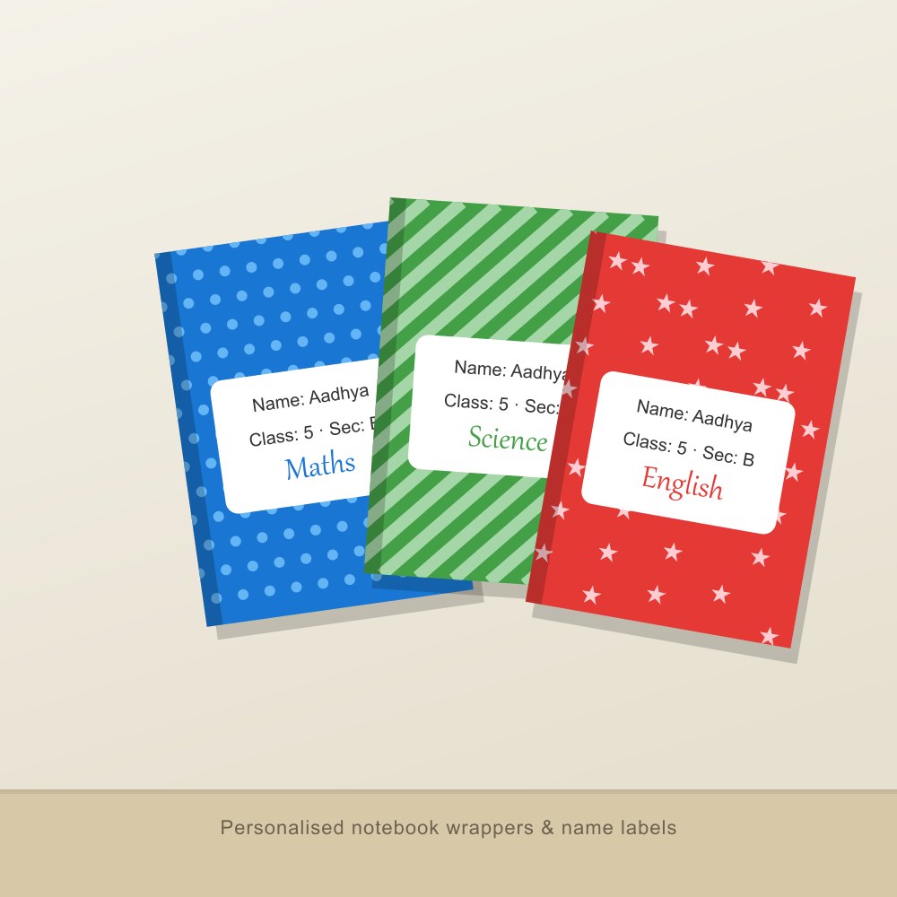 School notebook wrapper designs with name labels
