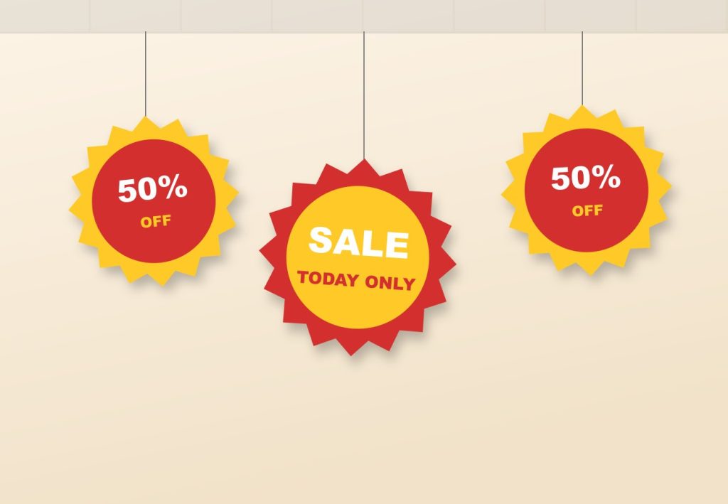 Business Printing Round sale burst danglers hanging from a shop ceiling
