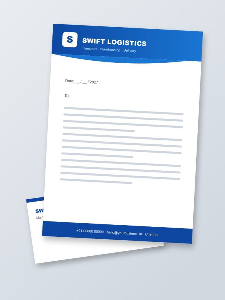 Business Printing Corporate letterhead design with blue wave header and matching envelope
