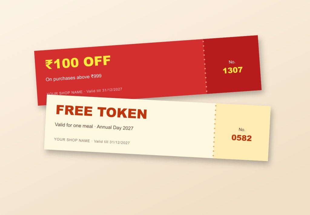 Business Printing Discount coupon and token book design with perforated tear-off