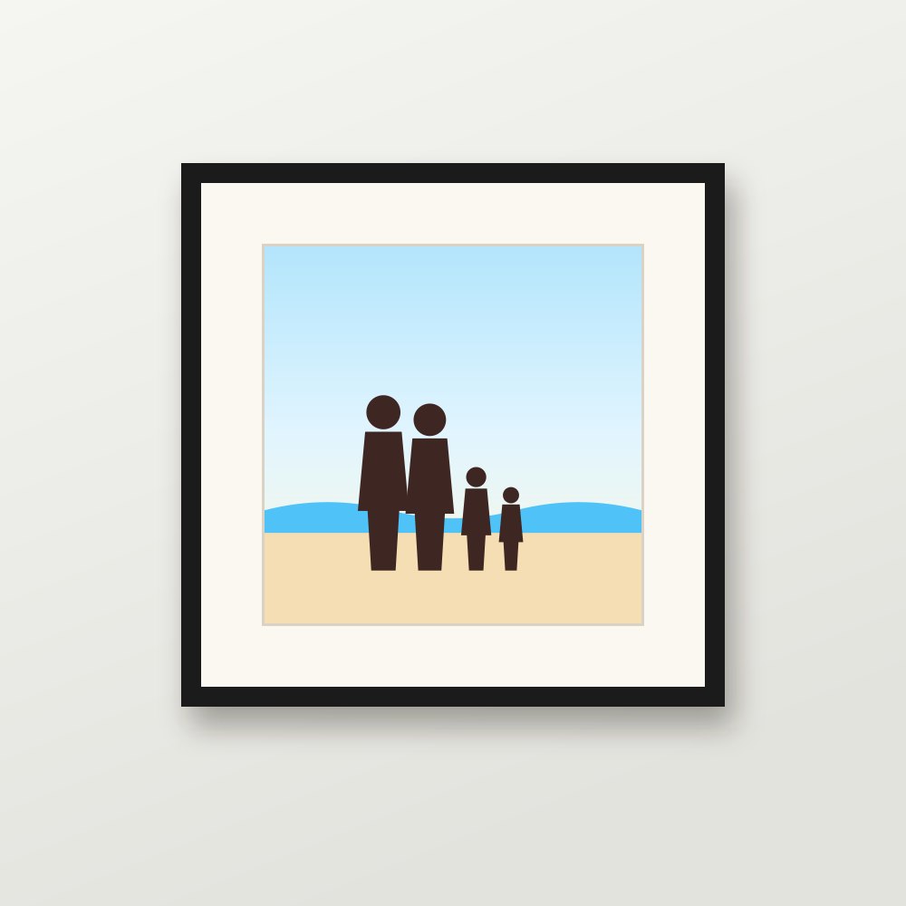 Modern black photo frame with white mount and family beach print