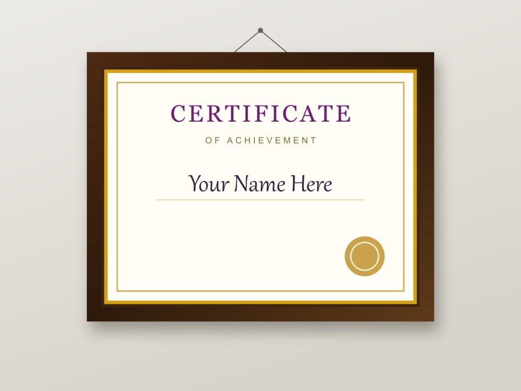 Certificate frame design in dark wood with gold liner