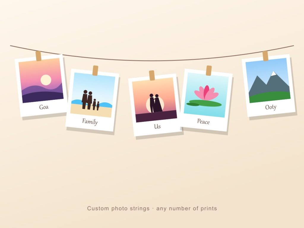 Polaroid style string photo display with clips