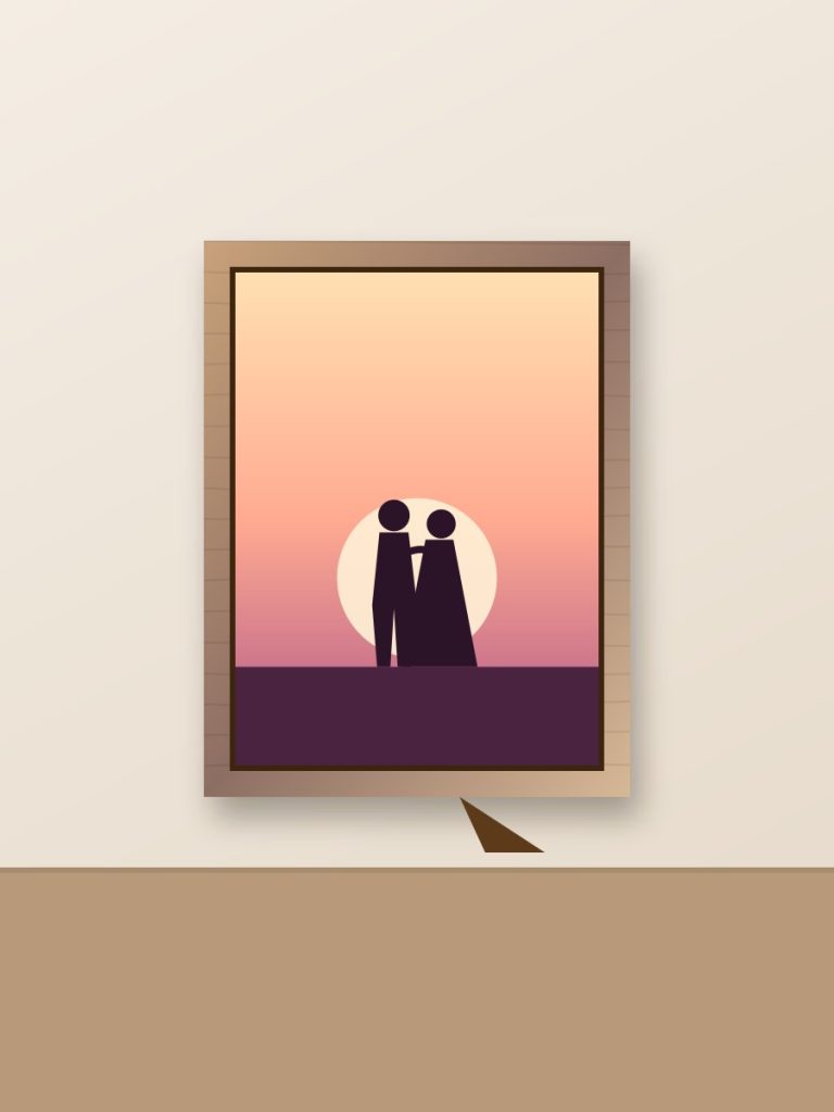 Table-top photo frame with stand and couple print