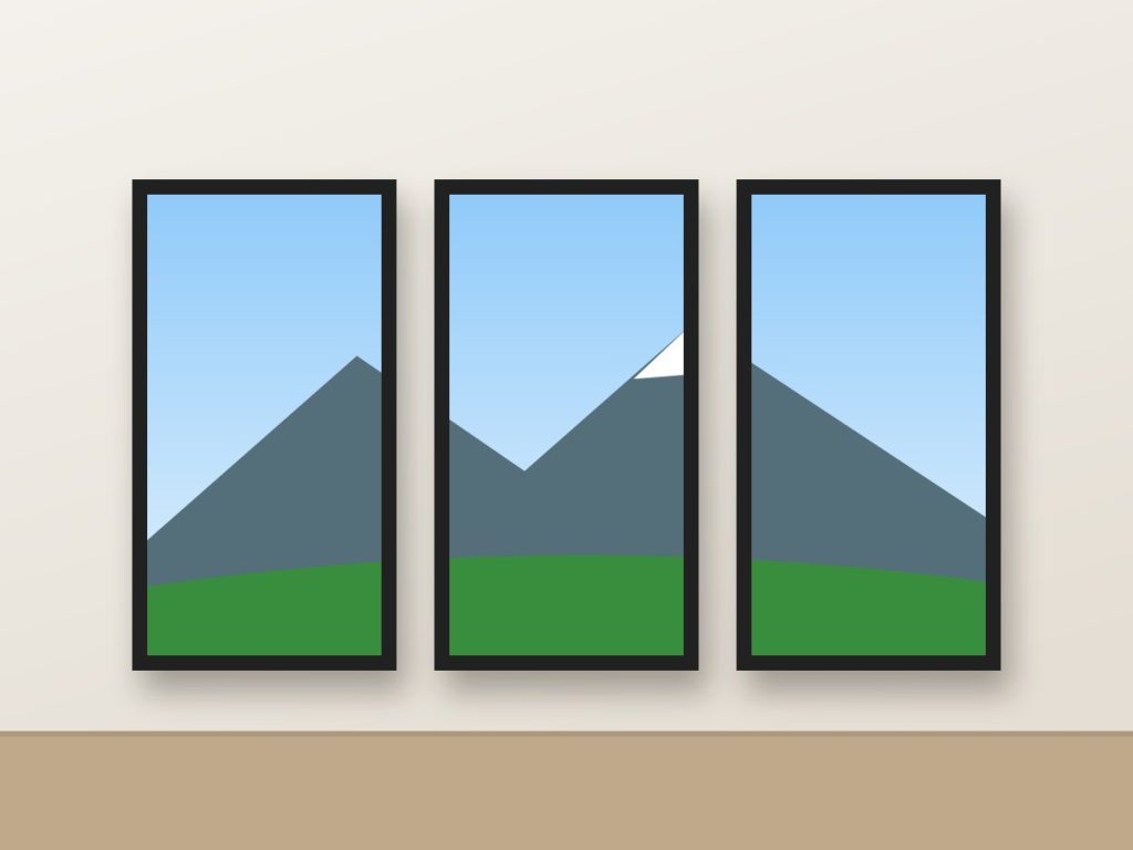 Set of three matching wall frames with a split landscape