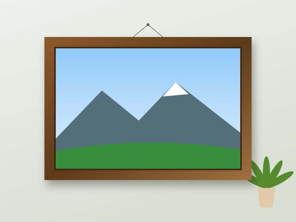Natural wooden photo frame with a landscape print