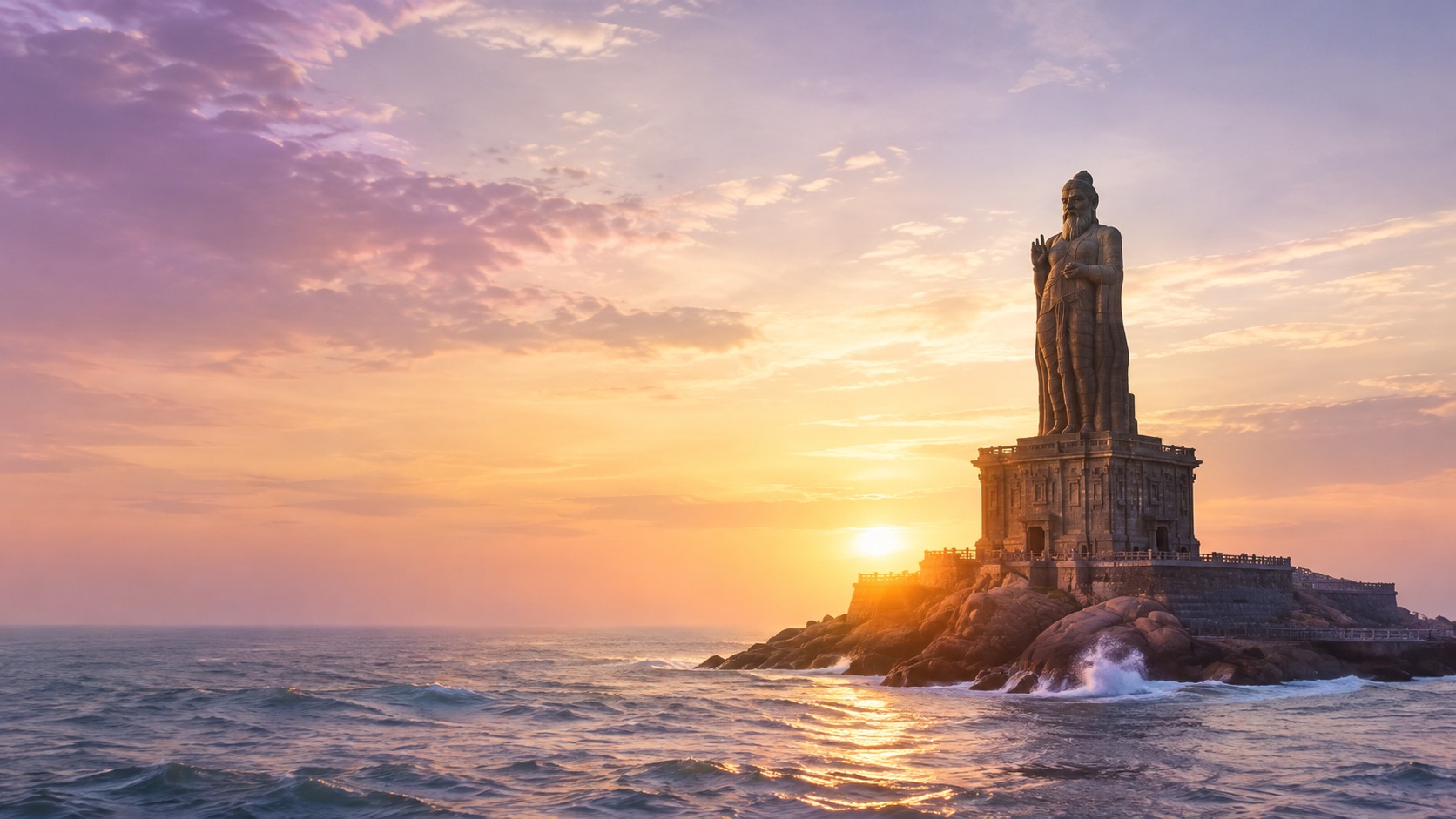 Cinematic seascape with a monumental Thiruvalluvar-inspired statue on a rocky island at sunset