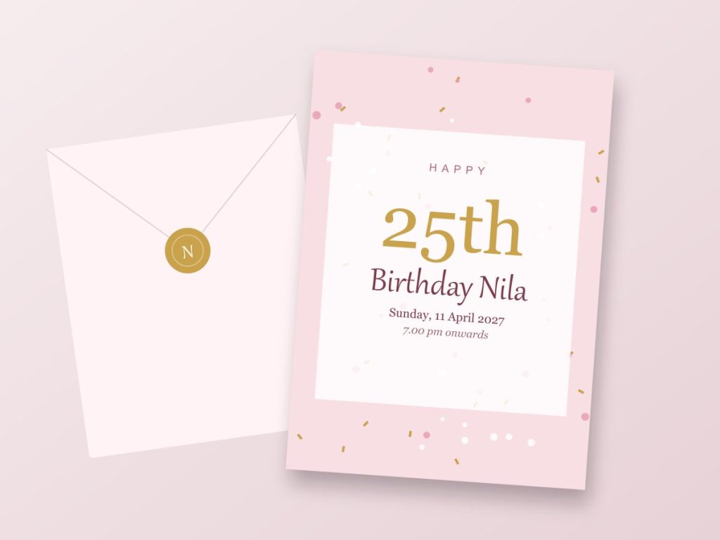 Invitations Twenty-fifth birthday invitation design in blush pink with envelope