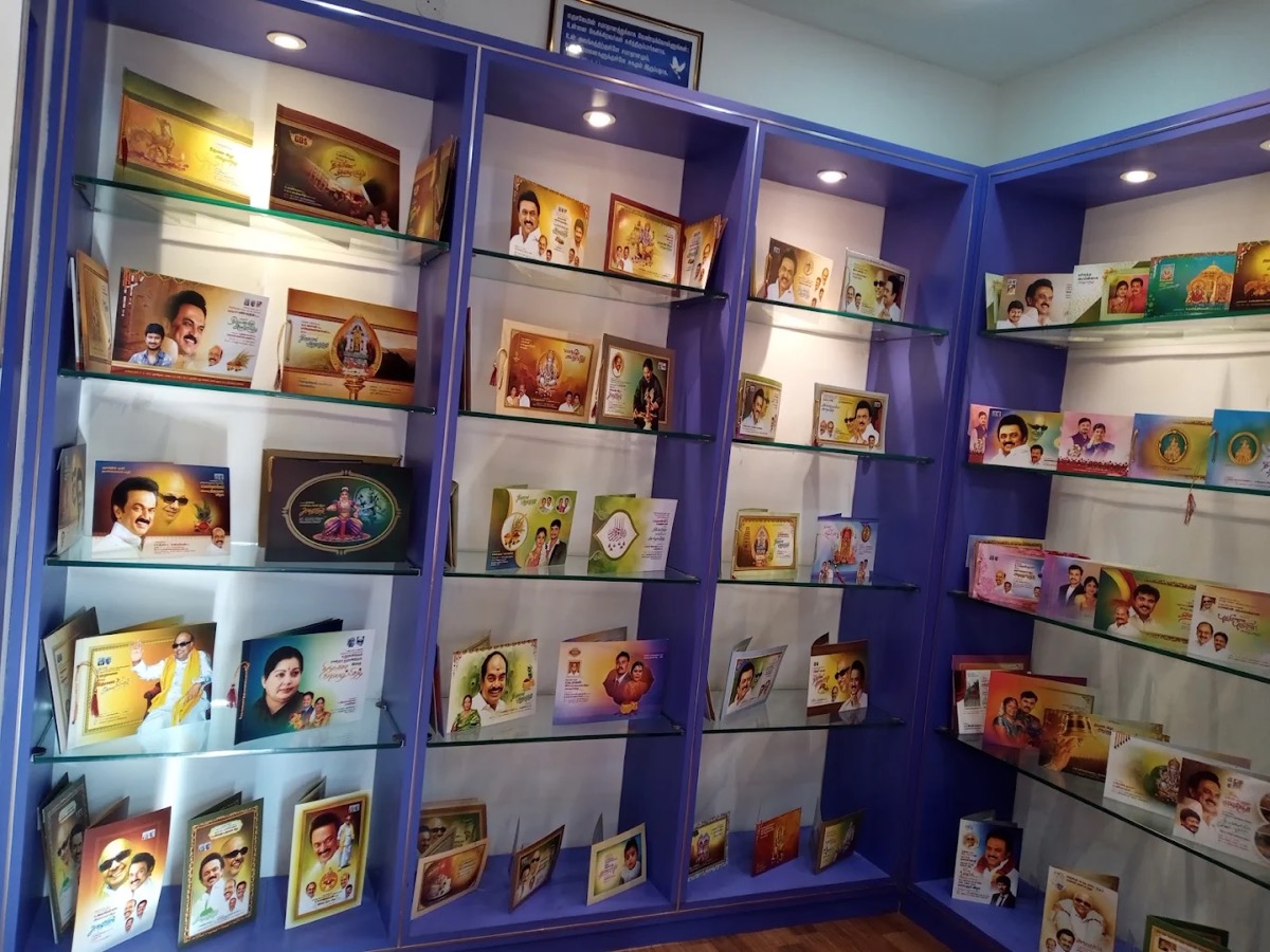Wedding invitation designs on display at the Jayam Arts showroom