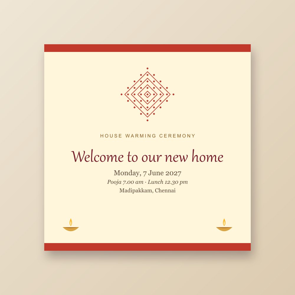 Invitations House warming invitation design with kolam pattern