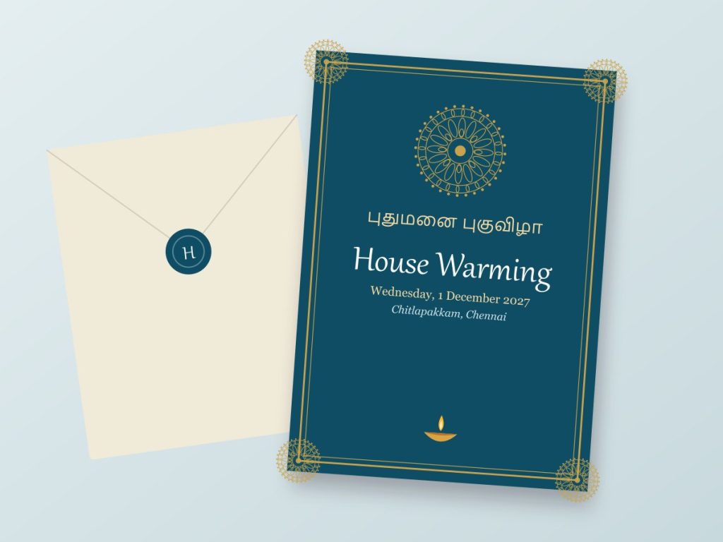 Invitations House warming invitation design in peacock blue with envelope
