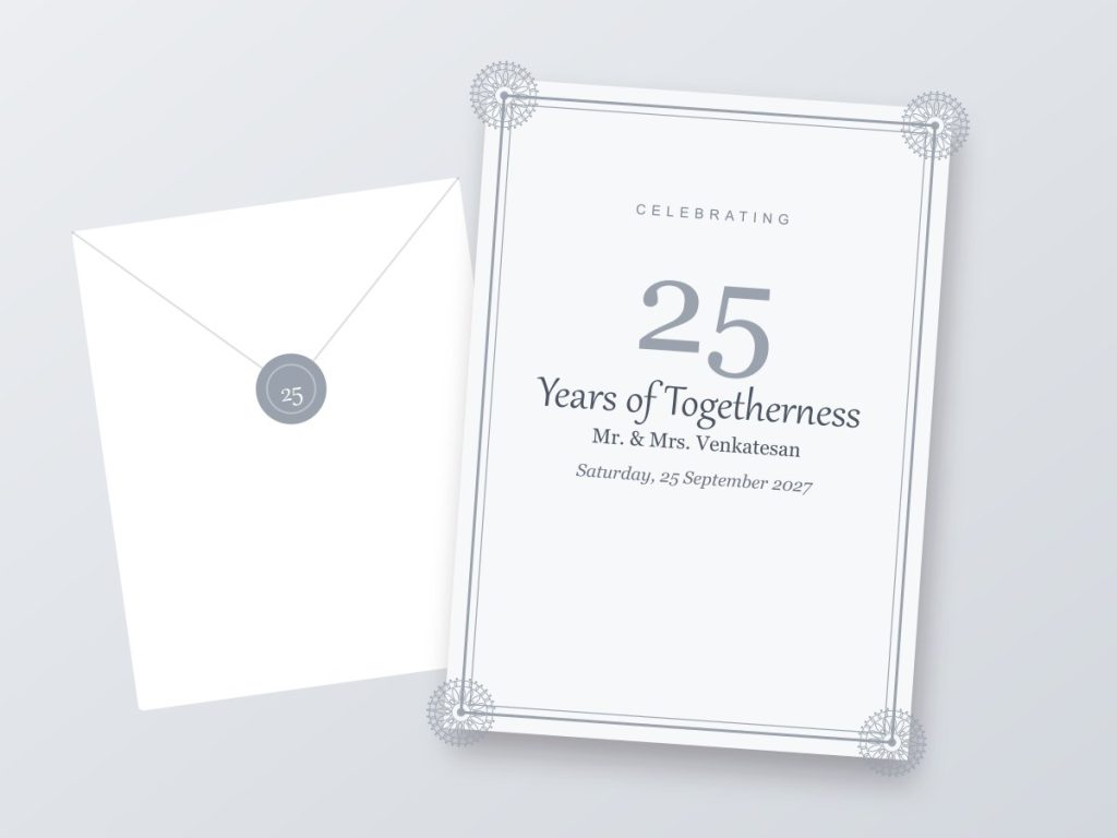 Invitations 25th wedding anniversary invitation design in silver with envelope