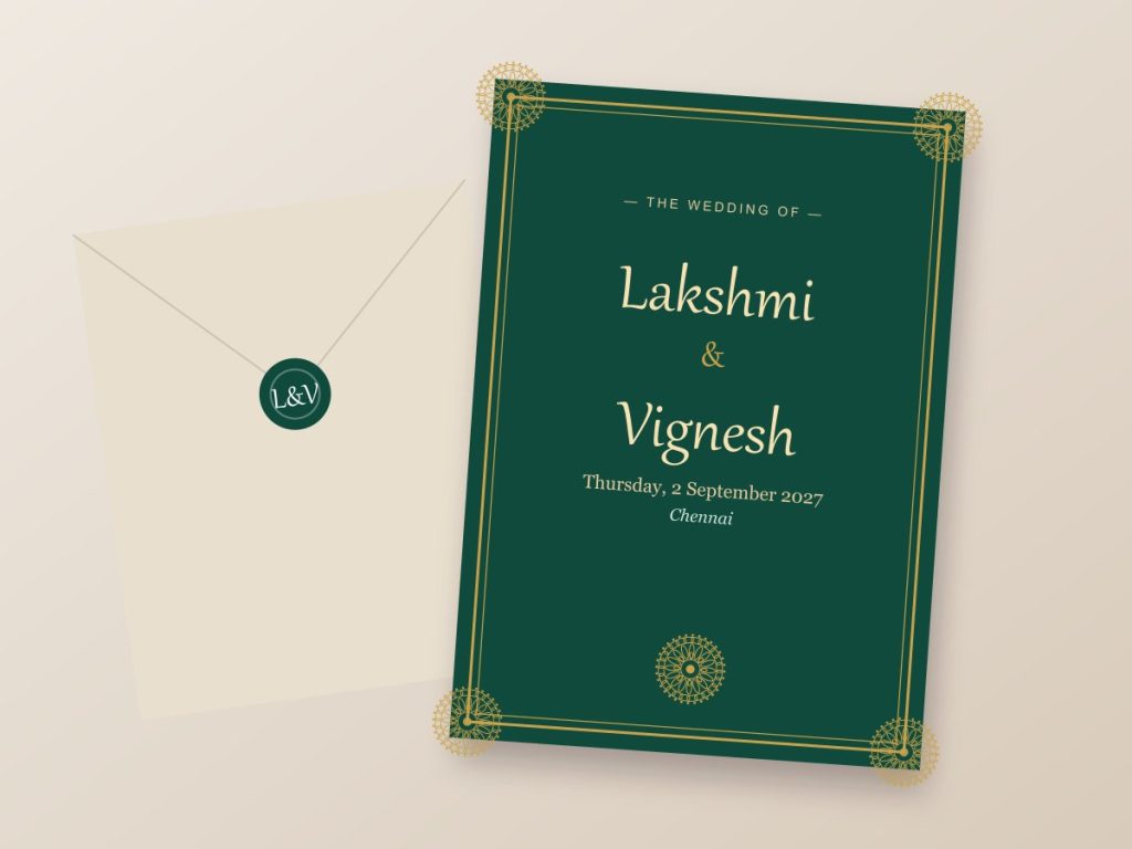 Invitations Wedding invitation card in emerald and gold with envelope and wax seal