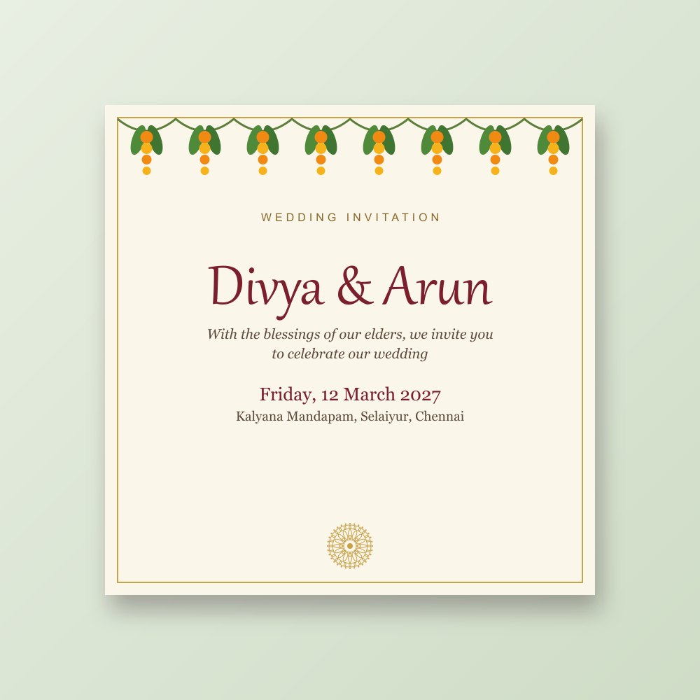 Invitations Wedding invitation design in ivory with marigold toran