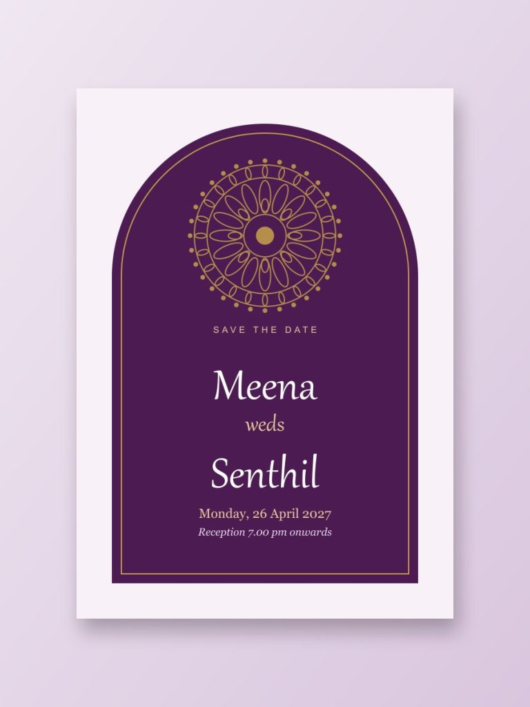 Invitations Wedding invitation design with purple arch and gold mandala
