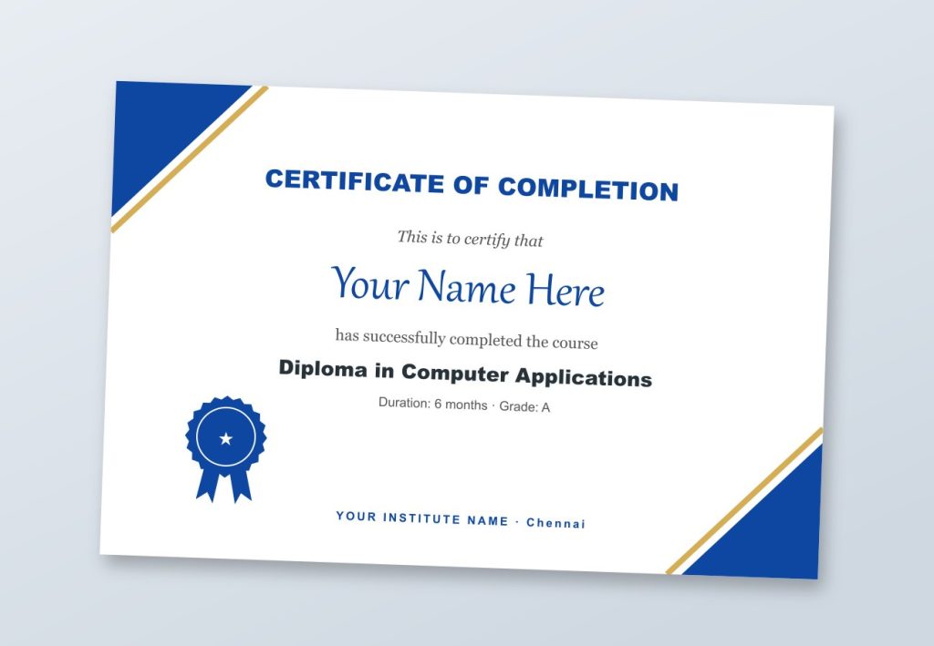 Course completion certificate design in blue with ribbon