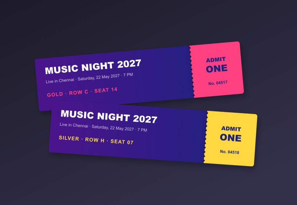 Event entry ticket designs with tear-off stub