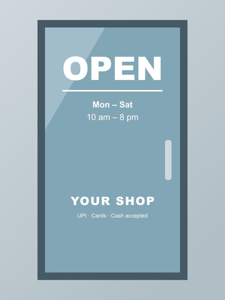 Shop glass door vinyl sticker design with opening hours